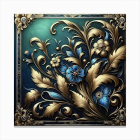 Gold Frame With Blue Flowers Canvas Print