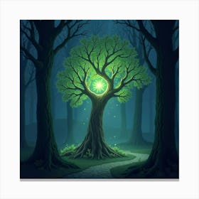 A Magical Tree Glowing In A Dark, Mystical Forest 1 Canvas Print