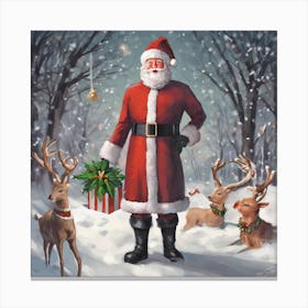 Santa Claus And Deer Canvas Print