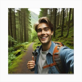 A Cheerful Travel Vlogger Films a Close-up Selfie Video in the Norwegian Green Wilderness 1 Canvas Print