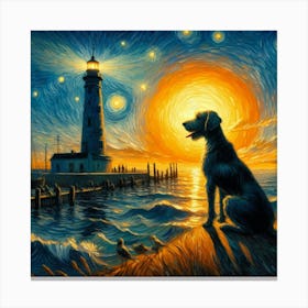Dog At The Lighthouse Oil Painting Canvas Print