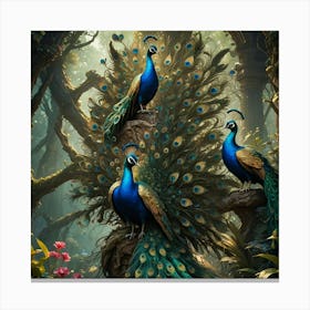 Peacocks In The Forest Canvas Print