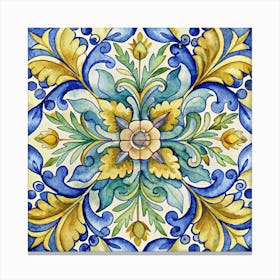 Watercolor Painting Of Traditional Italian Majolica Tile With A Floral Pattern Canvas Print