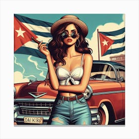 Cuba Girl With Vintage Car Canvas Print