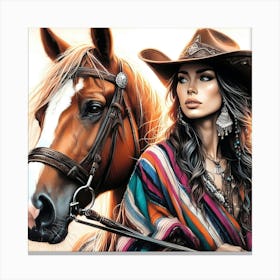 Beauty Wear Pancho And Cowboy Hat By Her Horse Color Drawing 1 Canvas Print