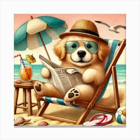 Beachside Paws A Funny Dog Relaxing On The Beach With A Newspaper Art Print Canvas Print