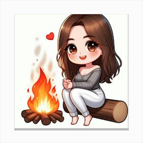 Cute Girl By The Fire Canvas Print