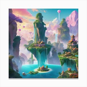 a surreal landscape where reality seamlessly melds with imagination. Envision floating islands suspended in pastel-colored skies, with cascading waterfalls defying gravity and exotic creatures roaming freely. Canvas Print