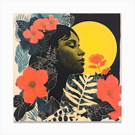 Surreal Risograph Girl, Moon & Flowers Canvas Print