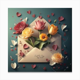 An open red and yellow letter envelope with flowers inside and little hearts outside 5 Canvas Print