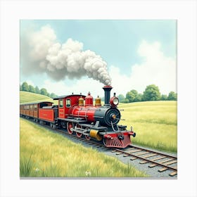 Old Fashioned Locomotive Traveling Through A Tranquil Watercolor Landscape 1 Canvas Print