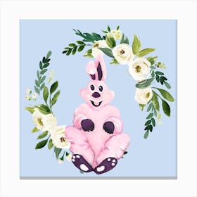 Pink Bunny And Flower Wreath Square Canvas Print