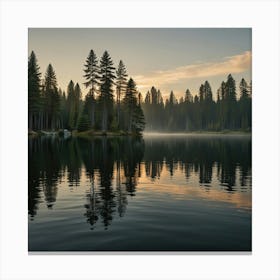 A Serene Lake Surrounded By Towering Pine Trees At Sunrise Canvas Print