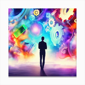 Man Standing In Front Of Colorful Gears cloud Future Of Mobile Applications Development In Colorful Dreaming Life Canvas Print