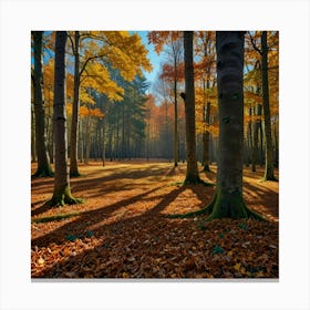 A Vibrant Autumn Forest With A Carpet Of Fallen Leaves And A Clear Blue Sky Canvas Print