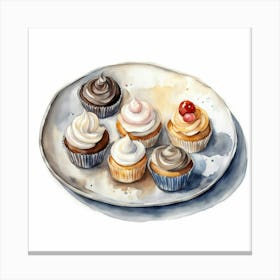 Watercolor Cupcakes On A Plate Canvas Print