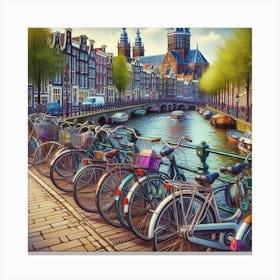 Bicycles Lined Up Along An Amsterdam Bridge In A Charming Digital Illustration, Style Digital Painting 3 Canvas Print