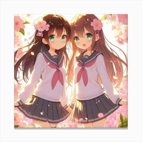 Two Anime Girls In Cherry Blossoms Canvas Print