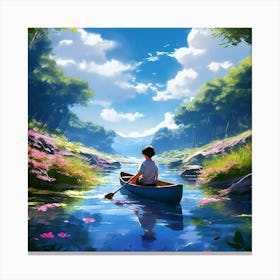 Anime Mobile Phone Wallpaper Blue Stream Boy In A Canoe Green Plants And Shrubs Blue Sky Canvas Print