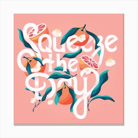 Squeeze The Day Hand Lettering With Oranges On Pink Square Canvas Print