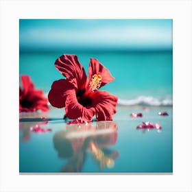 Blue Ocean and Red Hibiscus Flowers Canvas Print