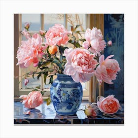 Pink Peonies In A Blue Vase Canvas Print
