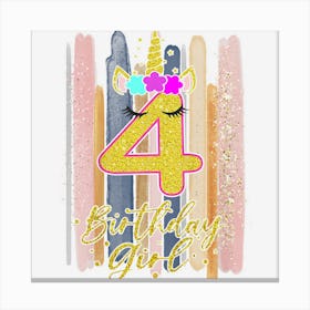 Kids 4 Year Old Gifts 4th Birthday Girlns Unicorn Face Flower Canvas Print