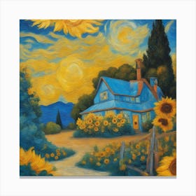 Gemütliches Haus auf dem Land mit Blumen bei Sonnenuntergang Canvas Print