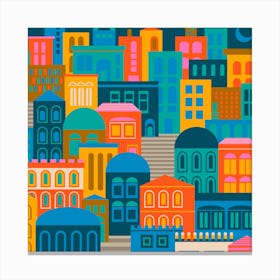 CITY LIGHTS AT NIGHT Vintage Travel Poster Square Layout with Geometric Architecture Buildings in Bright Rainbow Colours Orange Yellow Pink Green Blue Brown Cream on Dark Navy Blue Canvas Print