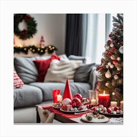 Christmas Decorations On Table In Living Room (2) Canvas Print
