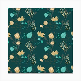 Flowers Leaves Pattern Seamless Green Background Canvas Print
