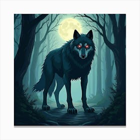 Giant Wolf With Glowing Eyes Standing In An Enchanted Forest Canvas Print