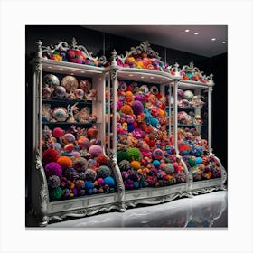 A Vivid And Highly Stylized Cinematic Photograph Of A Stunning Display Cabinet Overflowing With A Diverse Array Of Vibrant, Intricately Designed Decorations That Pop With Color Canvas Print