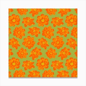 COSMIC COSMOS Multi Abstract Floral Summer Bright Flowers in Coral Orange Yellow on Lime Green Canvas Print