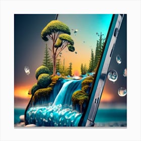 A smartphone whose screen displays a miniature view of a waterfall. 1 Canvas Print