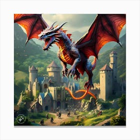 Dragon Flying Over A Castle Canvas Print