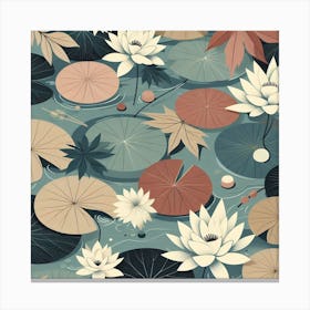 Scandinavian style, Surface of water with water lilies and maple leaves 1 Canvas Print