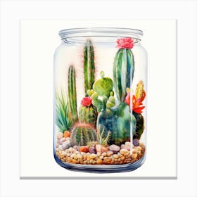 Watercolor Colorful Cactus in a Glass Jar 1 Canvas Print