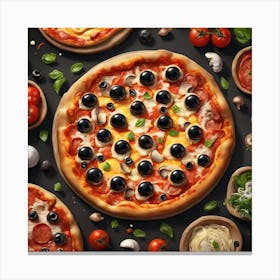 Pizzas On Black Background Canvas Print