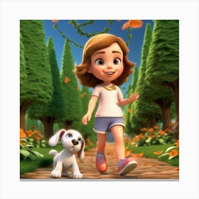 Girl Walking With A Dog Canvas Print