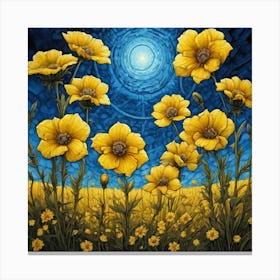 Yellow Flowers In Field With Blue Sky Centered Symmetry Painted Intricate Volumetric Lighting (6) Canvas Print