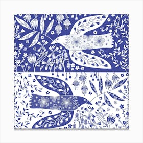 Peace Doves And Flowers Blue Canvas Print