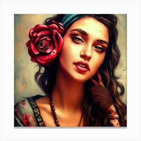 A Portrait Of A Beautiful Gypsy Female With Rose Flower Canvas Print