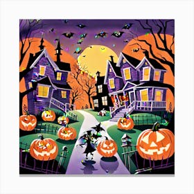 The Image Paints A Lively Picture Of Halloween In America Showcasing Bustling Neighborhoods Adorned (1) Canvas Print