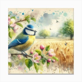 Nature's Harmony: Blue Tit and Apple Blossoms in Watercolor Splendor. Canvas Print