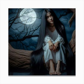 Asian Girl Sitting On A Tree Canvas Print