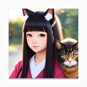 Kawaii anime portrait Rain with cat Canvas Print