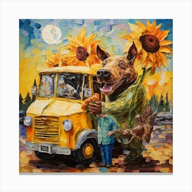 Dog With Sunflowers Canvas Print