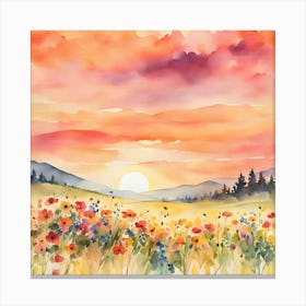 Wildflowers Sunset, Square Retro Art, Flower Fields 1 Canvas Print