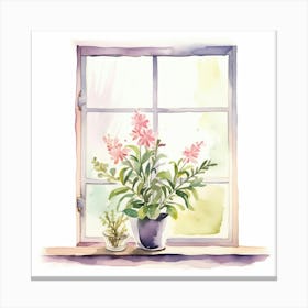 Watercolor Flowers On Window Sill Canvas Print